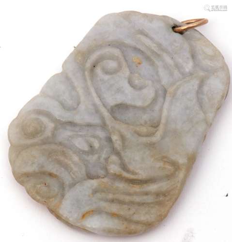 Antique carved jade pendant of shaped rectangular flat form,...