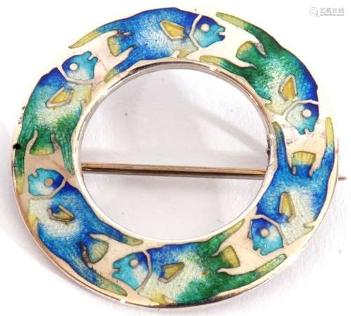 Arts & Crafts sterling and enamel brooch, circular pierced s...