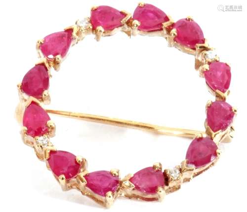 9ct gold ruby and diamond brooch, a garlanded design with gr...