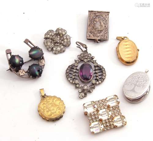 Mixed Lot: four metal lockets, an 800 stamped paste set open...