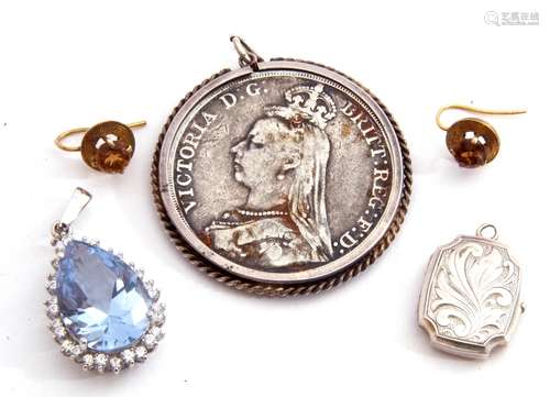 Mixed Lot: Victorian coin pendant, 1891, a white metal locke...