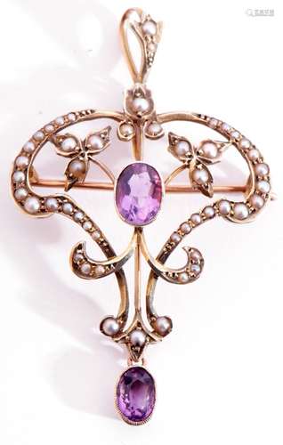 Amethyst and seed pearl openwork pendant centring an oval fa...