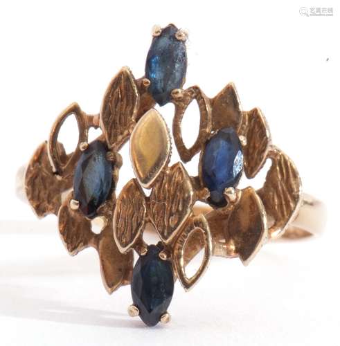 9ct gold and sapphire designer ring, having four marquis sha...