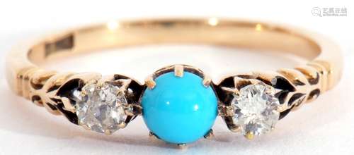 Antique turquoise and diamond three stone ring, centring a c...