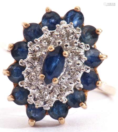 Sapphire and diamond cluster ring of lozenge shape, centring...