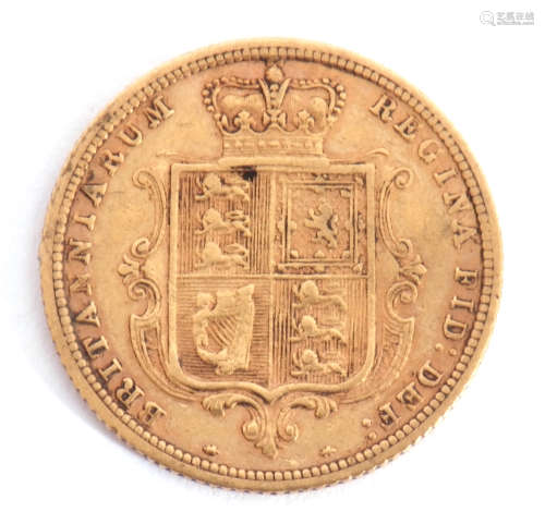 Victorian young head half sovereign, shield back, dated 1885