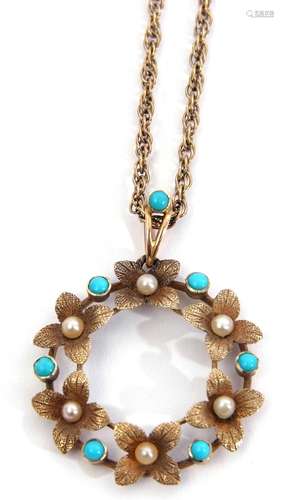 Early 20th century 15ct stamped turquoise and seed pearl ope...