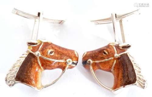 Pair of white metal and enamel horse head cuff links, a colo...