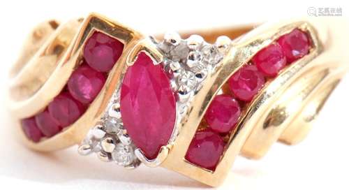 Modern 10K stamped ruby and diamond ring centring a lozenge ...