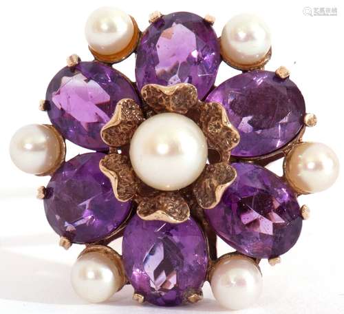 Large amethyst and pearl dress ring, a flowerhead design cen...