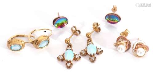 Mixed Lot: four pairs of gilt metal earrings to include opal...