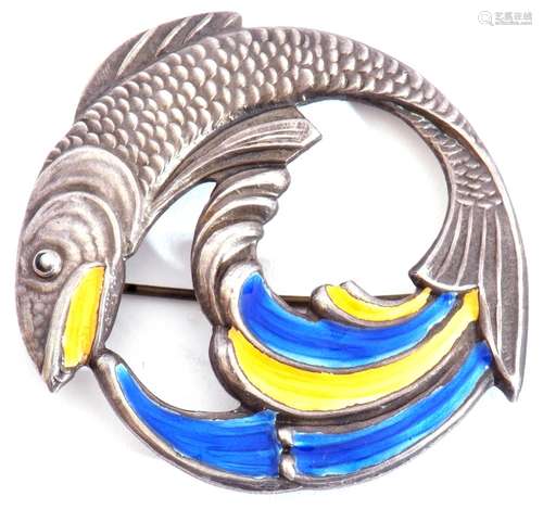 Vintage white metal and enamel fish brooch, a leaping textur...