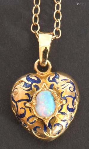 Yellow metal, opal and blue enamel pendant, heart shaped cen...