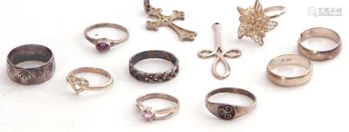 Mixed Lot: nine white metal rings and two white metal cross ...