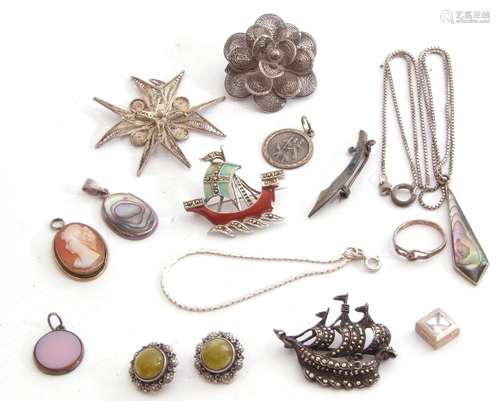 Mixed Lot: marcasite sail boat brooch, stamped sterling, two...