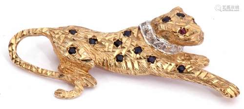 9ct gold, diamond and gem set panther brooch, the heavily te...