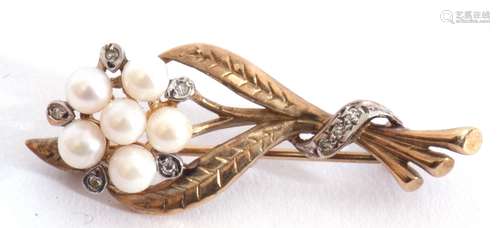 9ct gold pearl and diamond spray brooch, a design featuring ...