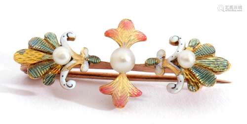 Antique enamel and seed pearl brooch featuring three graduat...