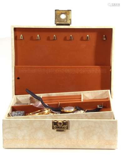 Cream coloured leatherette folding jewellery box and content...