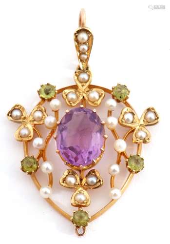 Amethyst, peridot and seed pearl open work pendant centring ...