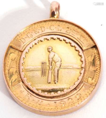 9ct gold cricket medallion of circular form, the centre with...