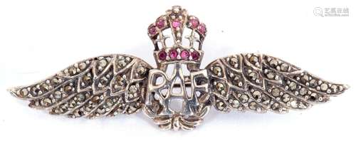 Ruby and marcasite RAF sweetheart pin, stamped sterling, 5.5...