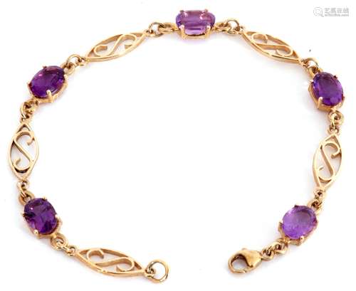 Modern 375 stamped amethyst bracelet featuring five oval fac...