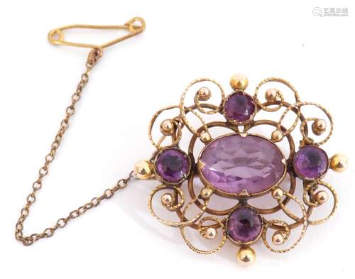 Antique amethyst set brooch in an Etruscan style of open wor...