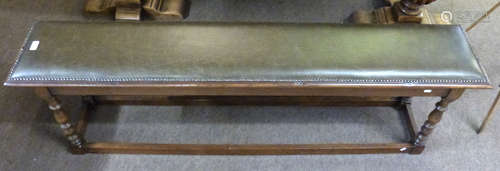 20th century solid oak long bench seat with studded cushione...