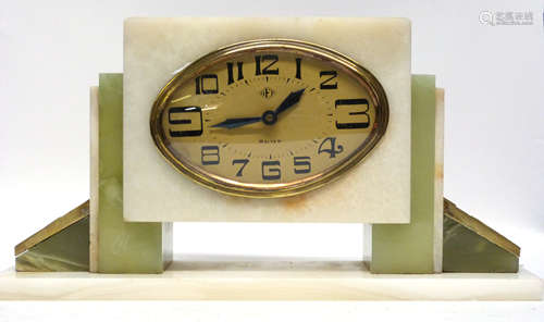 Art Deco mantel clock in stepped onyx base, the clock with g...