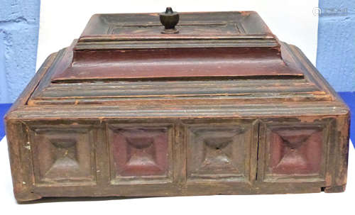 Oriental wooden box with painted decoration in red and black...