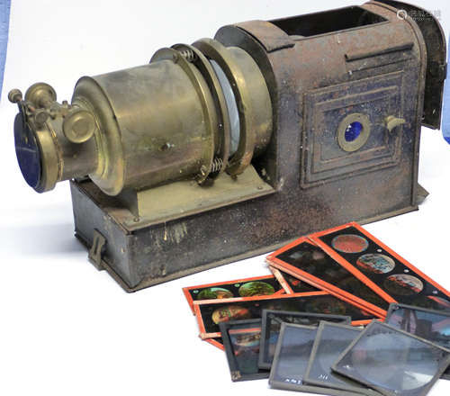 Box containing a Magic Lantern set and quantity of slides