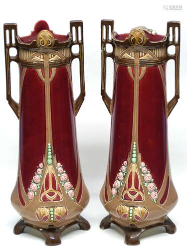 Pair of Eichwald Art Nouveau style vases, 32cm high (2)