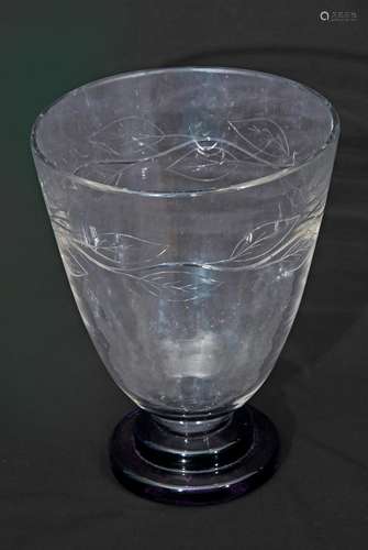 Art Deco glass vase of flared form on stepped purple base, d...