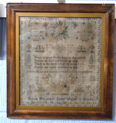 Sampler worked by Hannah Simms aged 12 dated 1856, with Bibl...