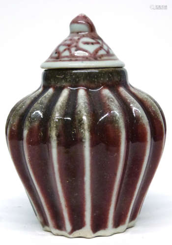 Chinese pottery gourd shaped vase and cover, in a flambe typ...