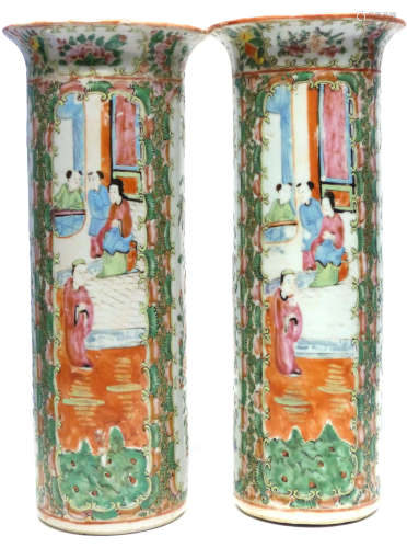 Pair of cylindrical Cantonese vases decorated in a famille r...