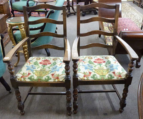 Pair of 20th century oak ladderback armchairs with floral an...