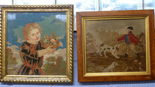 Embroidery of a young boy holding a basket of flowers in gil...