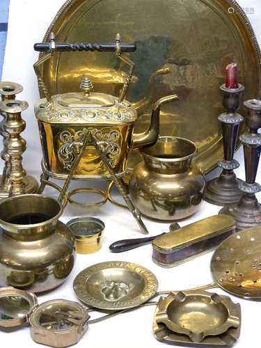 Quantity of brass wares including a kettle on stand, vase st...