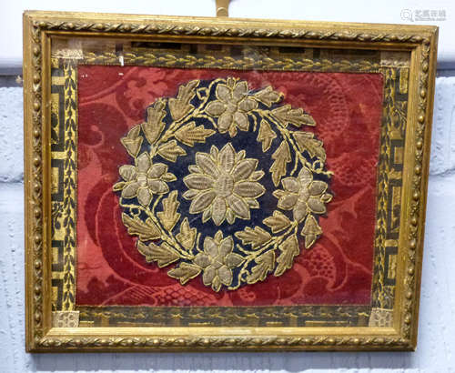 Silk embroidery on red ground with gilt needlework