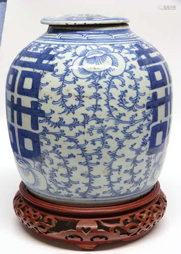 Chinese jar and cover with a blue and white design and Chine...