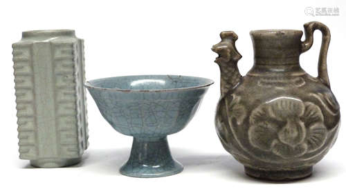 Three pieces of Chinese pottery including a Sung dynasty typ...