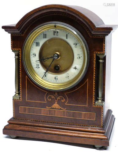 Edwardian mantel clock, the wooden case with inlay decoratio...