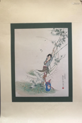 NO RESERVE CHINESE SCROLL PAINTING OF GIRL WITH BAMBOO
