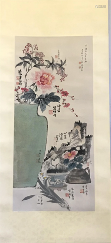 NO RESERVE CHINESE SCROLL PAINTING OF FLOWER IN VASE