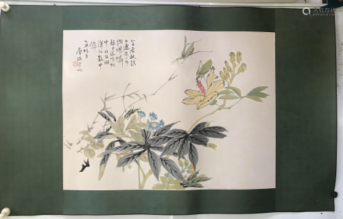 NO RESERVE CHINESE SCROLL PAINTING OF INSECT AND FLOWER