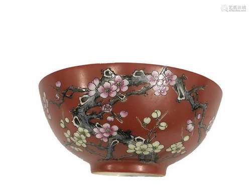 A FAMILLE ROSE AND RED-GROUND BOWL, JIAQING MARK