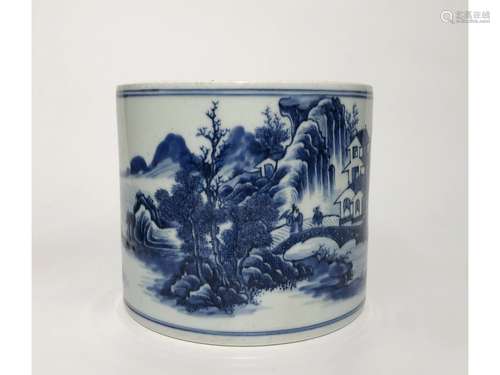 A BLUE AND WHITE BRUSH POT