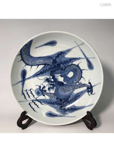 A BLUE AND WHITE DRAGON PLATE